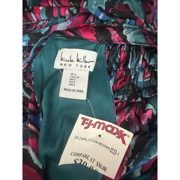 Nicole Miller Abstract Midi Dress Multicolor Boho Sleeveless Ruched Size L - Picture 3 of 6